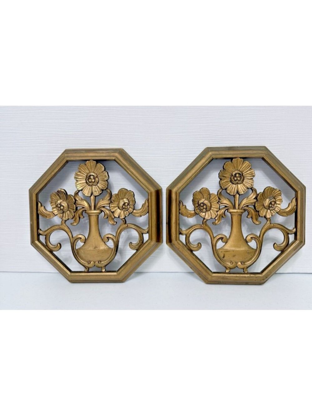 Set of 2 Vintage MCM Syroco Gold Plastic Floral Accent Wall Decor Plaques